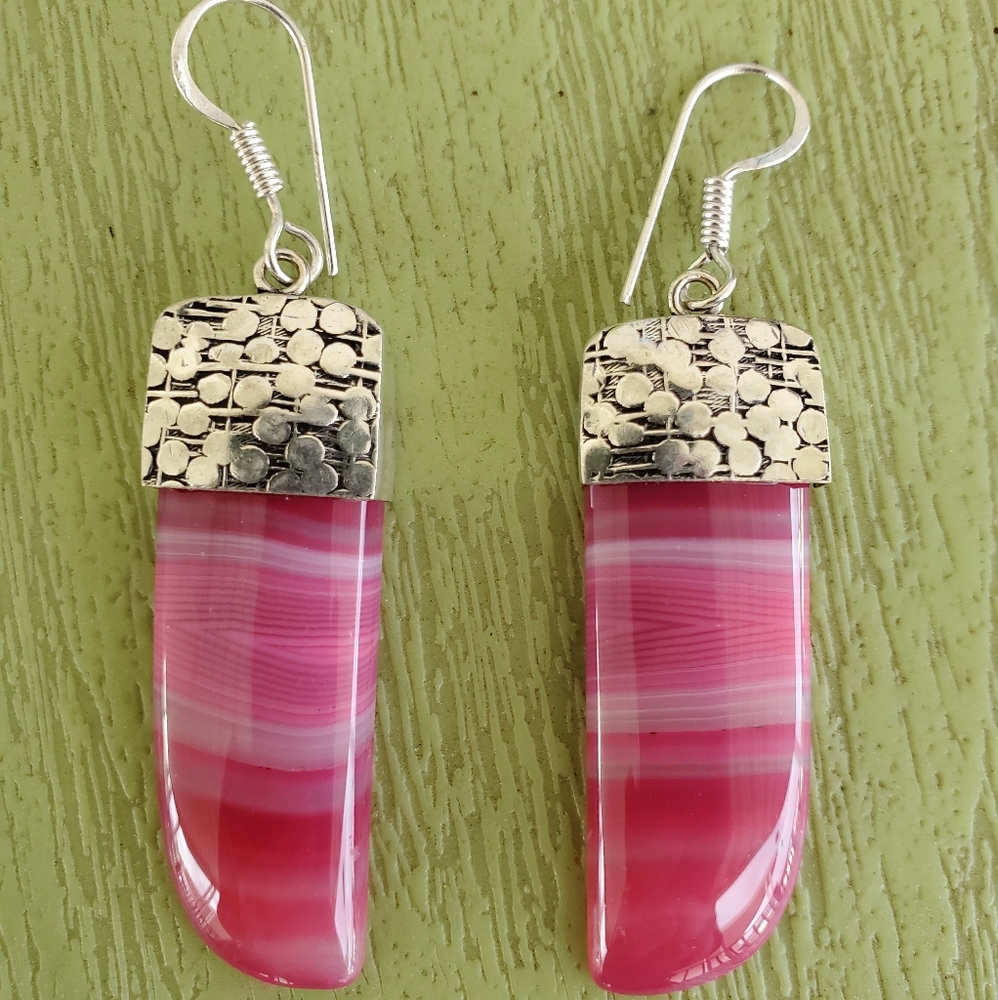 New Pink Striped Banded Agate 925 Silver Earrings